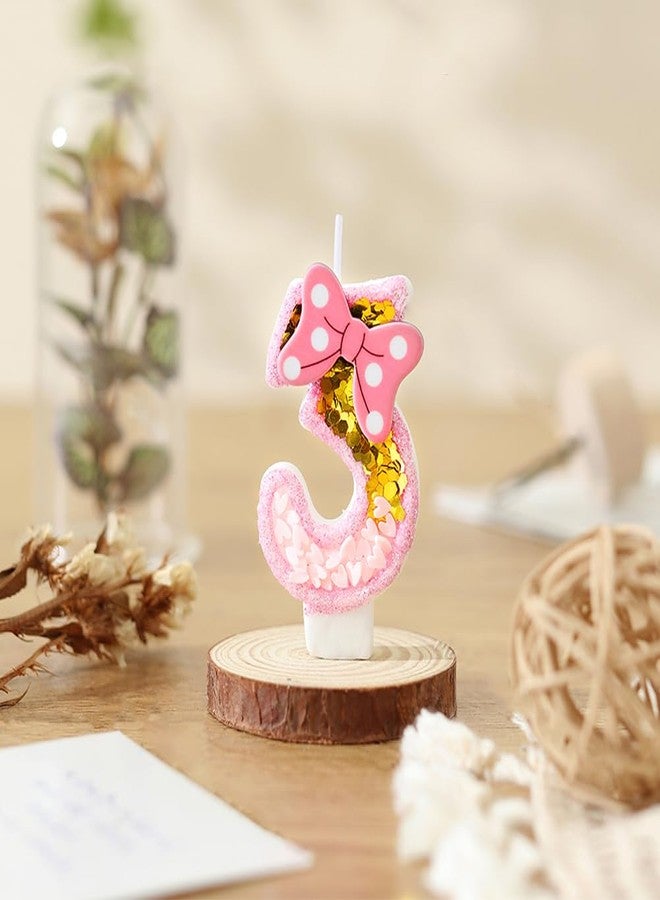 Aprildecember Girls Pink Number Birthday Candle, Gold Glitter Pink Number Candle with Bow, Princess Girls Women Sweet Theme Birthday Party Decoration Cake Topper (Number 3) - Image 4